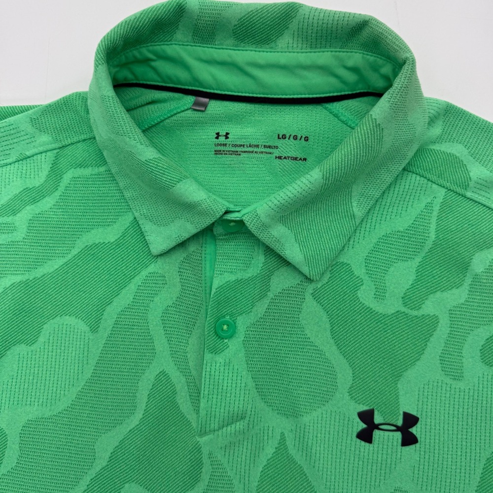 Under Armour Polo Shirt Men Large Green Camo HeatGear Loose Fit Golf Active
